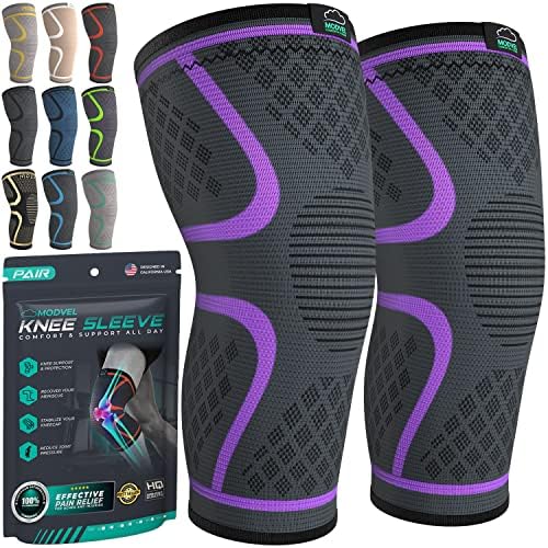 Modvel Compression Knee Brace for Women & Men - 2 Pack Knee Brace for Running Knee Pain, Knee Support Compression Sleeve, Workout Sports Knee Braces for Meniscus Tear ACL & Arthritis Pain Relief
