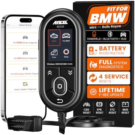 ANCEL BD330 BMW OBD2 Scanner for BMW, MINI, and Rolls-Royce Vehicles, ABS Full-System Diagnostic Scan Tool, Battery Registration/BAT Check, EPB/Oil/Throttle Reset, 3-in-1 Bluetooth/Wired/HUD- Black