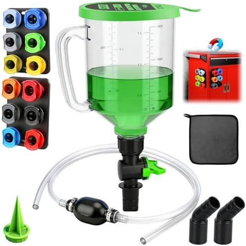 20-Piece Engine Oil Funnel Kit, 1.59QT/1.5L Oil Funnel Set with 12 Adapters, Siphon Hose Pump, Towel, Elbow Fitting, Arrow Screen and Magnetic Storage Hooks Tray, Compatible with GM/Ford/BMW/Audi Etc.