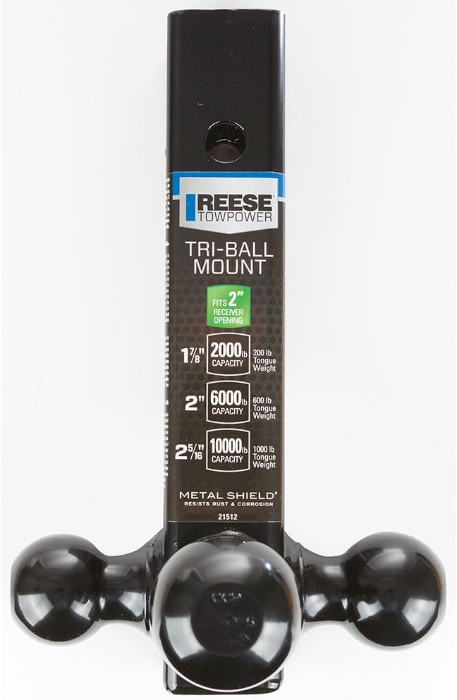 Reese Towpower 21512 Tri-Ball Trailer Hitch Ball Mount, (1-7/8 Inch, 2 Inch, 2-5/16 Inch Trailer Hitch Balls), Fits 2 Inch Square Receiver, 10,000 lbs. Capacity