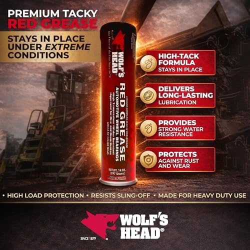 Wolf’s Head Red Grease NLGI #2 (836-88301-91) Premium Tacky Red Grease for Long-Lasting Lubrication, High Temp Protection & Heavy Duty Wheel Bearing/Chassis Use – Made in USA – 14 oz Tube, Pack of 10