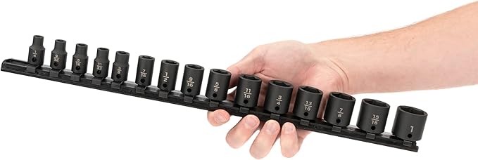 TEKTON 3/8 Inch Drive Shallow 6-Point Impact Socket Set with Rail, 15-Piece (1/4-1 in.) | SID91104
