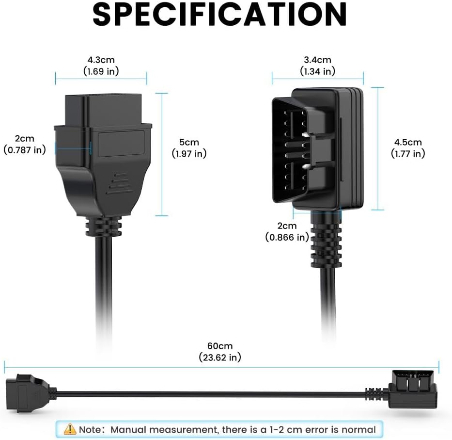 ANCEL 2 ft OBD2 Extension Cable, 16-Pin Male to Female OBD2 Adapter