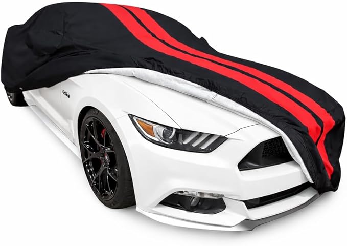 SR1 Performance USA Ultraguard Plus Mustang Car Cover 2005–2026 - Custom Fit Ford Mustang, Water Resistant Breathable 300D, Indoor/Outdoor UV Weather Protection (Black with Red Stripes)