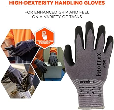 Ergodyne ProFlex 7000 Nitrile Coated Work Gloves, Foam Nitrile Palms for Flexible No Slip Grip, Abrasion Resistant, 15g, Touchscreen Capable,Gray, Gray, Extra Small