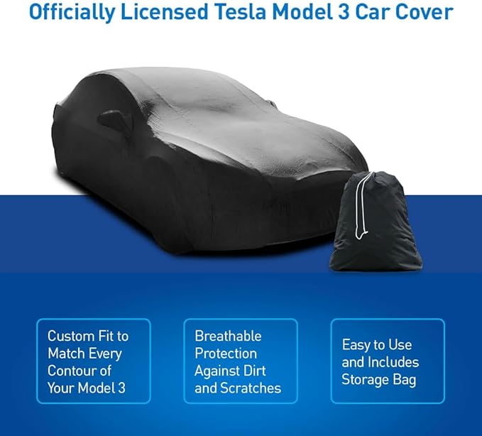 Custom Indoor Stretch Car Cover Compatible with 2017-2026 Tesla Model 3, Black, Includes Storage Bag - Soft Satin, Breathable, Dust Protection