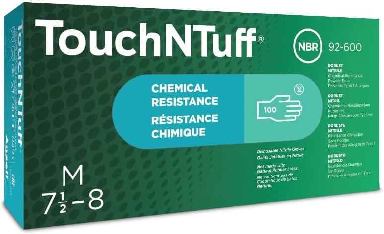 Ansell TouchNTuff 92-600 Nitrile Lightweight Glove with Beaded Cuff, Chemical/Splash Resistance, Powder Free, 4.7mil Thickness, 240mm Length, Size 8, Green (Box of 100)