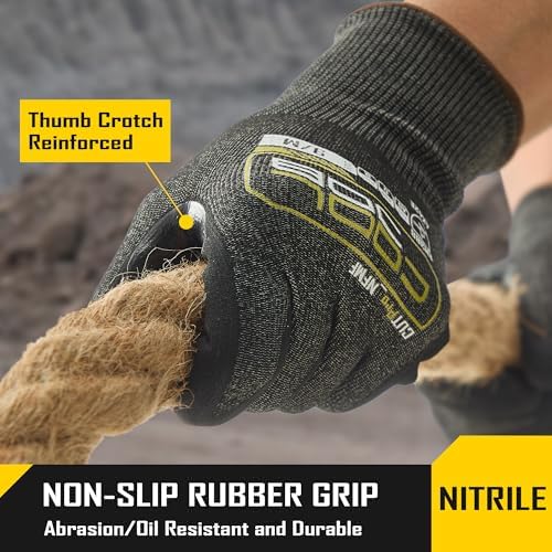 COOLJOB A5 Fiberglass Free Cut Resistant Gloves for Men, Touchscreen, Grip Nitrile Coated, No PFAS, Non Slip, Soft & Durable
