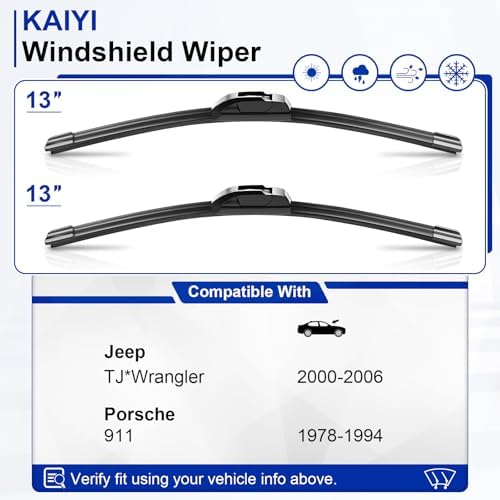 KAIYI 13" + 13" Windshield Wipers Compatible with Jeep Wrangler TJ 1997-2006,Porsche 911 1978-1994 Premium Automotive Replacement Windshield Wiper Blades 2 Pack