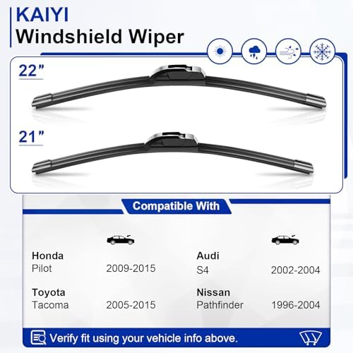 KAIYI 22" + 21" Windshield Wipers Compatible with Honda Pilot 2009-2015,Toyota Tacoma 2005-2015,Nissan Pathfinder 1996-2004 Premium Automotive Replacement Windshield Wiper Blades 2 Pack