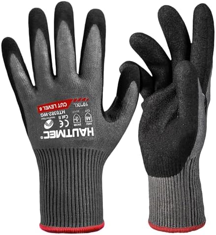 HAUTMEC ANSI A6 Cut Resistant Work Gloves for Men Women, EN388 4X42F Cutting Proof Gloves, Breathable 13-Gauge HPPE, Nitrile Coated, Touchscreen, Reinforced Thumb Saddle for Construction/Auto(XL)