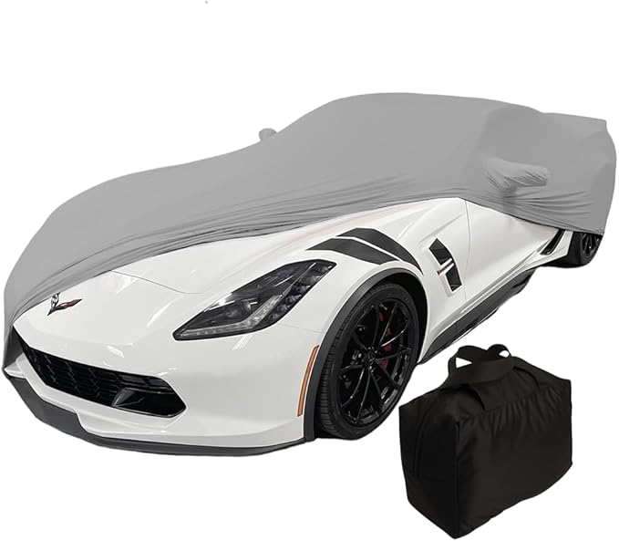 SR1 USA C7 Corvette Indoor Car Cover - Custom Fit Ultraguard Stretch Satin Dust Proof, High End with Storage Bag for 2014-2019 Stingray, Z51, Z06, Grand Sport Corvettes (Silver)