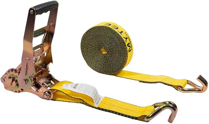 Mytee Products 4 Pack 2" x27' Self-Tensioning Ratchet Strap with J Hooks - 10,000 lbs BS - Heavy Duty Tie Down Large Bar Handle and Cargo Straps with Wire Hooks for Flatbed, Trucks, Pickup - Yellow
