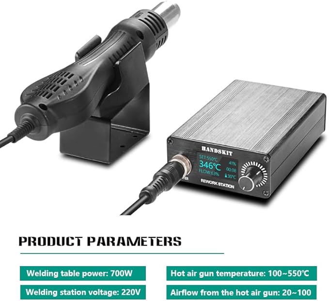Hot Air Rework Soldering Station,Craft Heat Gun with Digital Display Adjustable Temperature Solder Iron Station Kit Desoldering Heat Gun Wick Tool with 7 Nozzles 700W SMD Welding Heating Gun