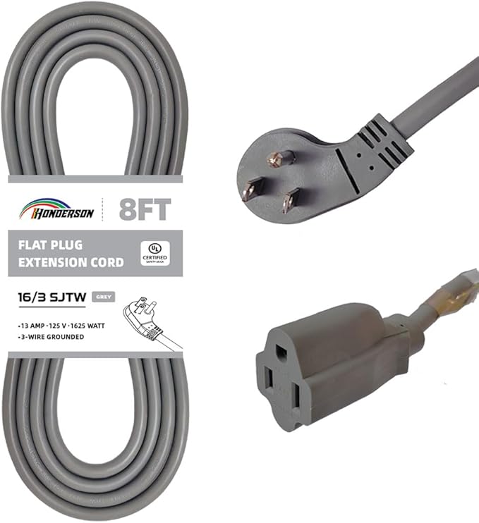 Flat Plug Indoor Extension Cord, UL Certified, 16 Gauge 8FT Grey 3 Prong Heavy Duty, 16/3 SJTW 13A Power Cord for Lights, Appliances, Home