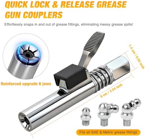 GOOACC Grease Gun Coupler 12000 PSI Quick Release and Locking Grease Gun Tips 6 Jaws, Compatible with 1/8" NPT Mini Small Grease Guns Single Handle Grease Fittings for Automotive Farm Easy Lubrication