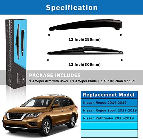 WTI Rear Wiper Arm Blade Set Compatible With Nissan Rogue 2014-2019 / Rogue Sport 2017-2019 / Pathfinder 2013-2019 Rear Windshield Window Wiper Kits Assembly New Replacement Accessories Parts