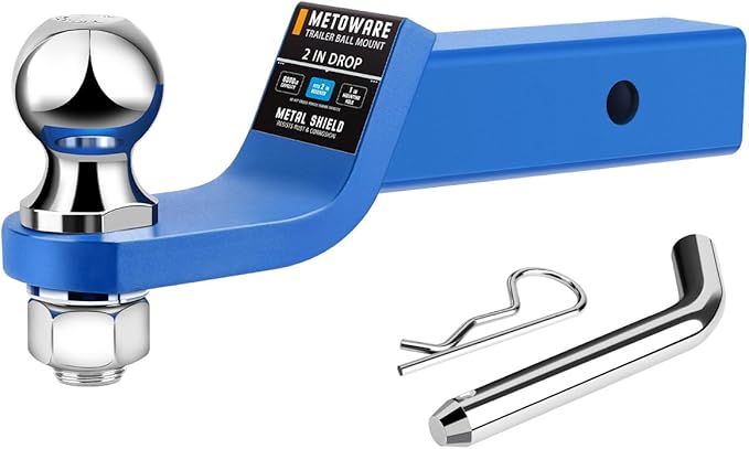 METOWARE Trailer Hitch Ball Mount, 2" Drop Hitch with 2" Ball, 6,000 lbs GTW Fits 2" Receiver for Truck SUV Boat RV, Solid Steel Towing Kit with Hitch Pin & Clip, Matte Pacific Blue