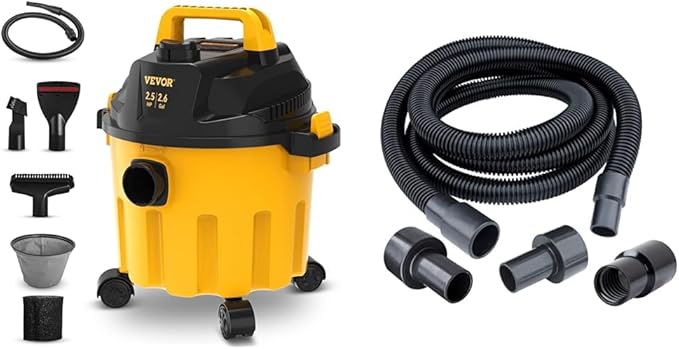 VEVOR 2.6 Gallon Wet Dry Vacuum with Blowing Function, POWERTEC 10 Ft. Dust Collection Hose Kit with 5 Fittings for Woodworking Power Tools Home and Wet/Dry Shop Vacuums Bundle