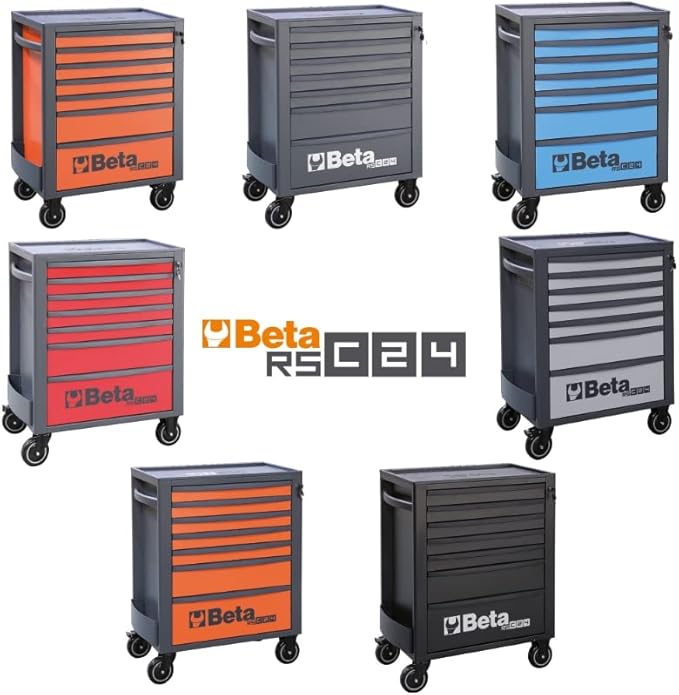 Beta RSC24 Heavy Duty Rolling Tool Cabinet, 7 Drawers, Light Grey, Ball Bearing Slides, Rubber Mat Liners, 5" Casters, Anti-Fall Edge Worktop, 1760 lbs Load Capacity, Made in Italy
