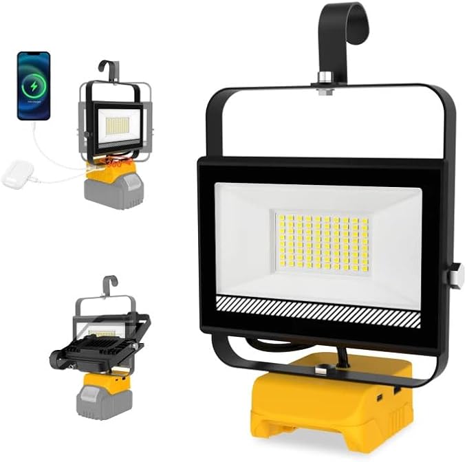 60W 6000LM Cordless Work Light Compatible with DeWalt 20V Battery (Battery Not Included), Portable LED Flashlgiht Flood Light with USB &Type C Charging for Job Site, Emergency, Fishing, Camping
