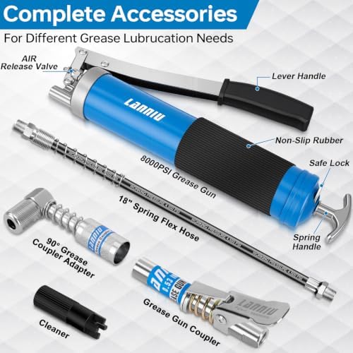 Lever Grease Gun Kit: 0.53" Coupler, 90° Adapter & 18" Flex Hose