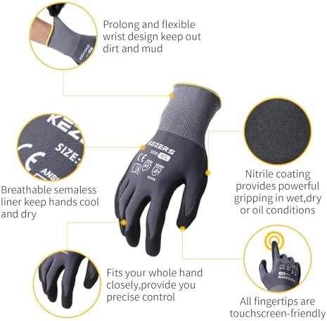 KEZERS 12 Pairs Nitrile Coated Safety Work Gloves for Men and Women