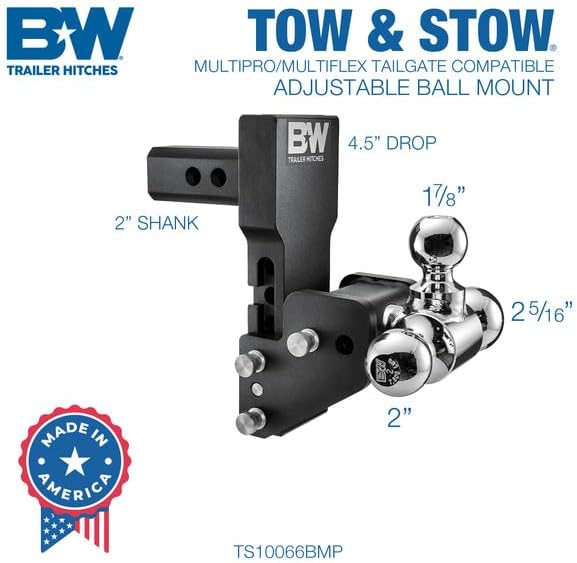 B&W Trailer Hitches MultiPro Tow & Stow Adjustable Trailer Hitch Ball Mount Compatible with MultiPro Tailgate - Fits 2" Receiver, Tri-Ball (1-7/8" x 2" x 2-5/16"), 4.5" Drop, 10,000 GTW - TS10066BMP