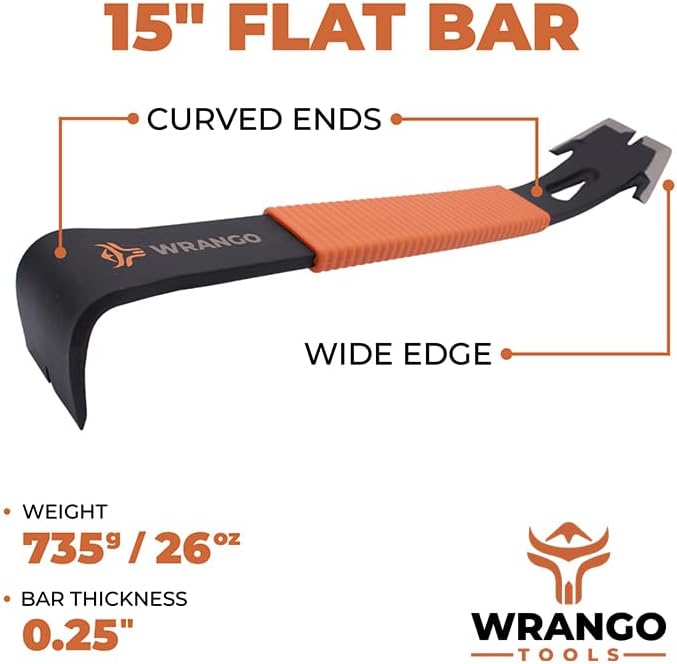 Wrango Tools - 15" Flat Bar Pry Bar - Patented Wide Winged Ends - Heavy Duty Crowbar with Nail Pullers - High Carbon Steel with Shock Absorbing Grip - Roofing & Construction Tool - 5% Donated To Help Farmers