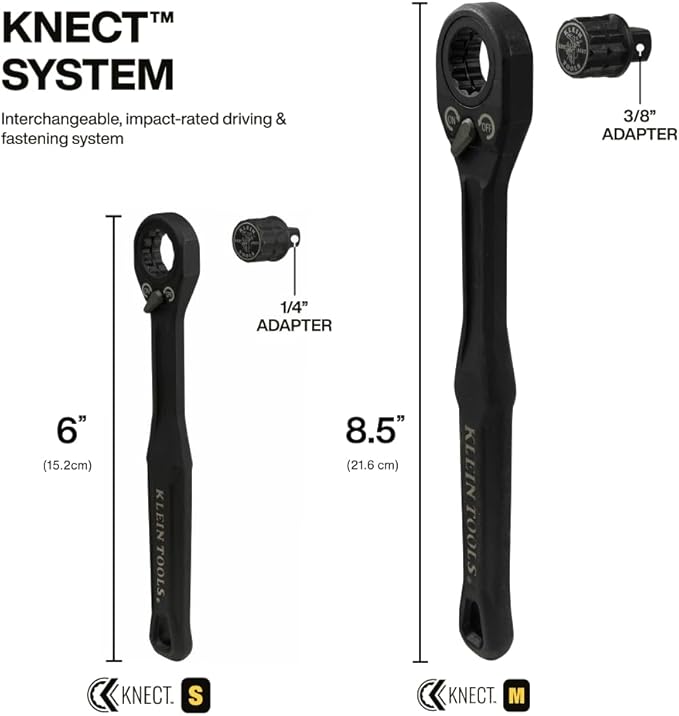 KLEIN TOOLS 65408ADP KNECT (M) Pass Through Ratchet and 3/8-Inch Socket Adapter Set, 90-Tooth Wrench for Extended Threaded Rods, Compact and Comfortable Grip, Traditional Socket Compatibility