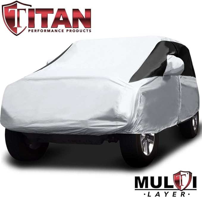 Titan Premium Multi-Layer PEVA Car Cover for Wrangler 4-Door SUVs 164-184". Waterproof, UV Protection, Anti-Scratch Protective Lining, Driver-Side Zippered Opening. Fits Wrangler SUVs.