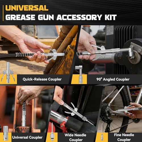 DIYtoolifz Grease Gun Accessory Kit, Includes Quick-Release Coupler, 90 Degree Grease Gun Coupler Adapter, 1/8" NPT Grease Gun Coupler, 2 Grease Needle Tips for Cars, Trucks, Machinery & DIY Projects