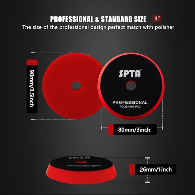Red T10 Ultra-Fine Finishing Foam Polishing Pads, SPTA 1Pcs 3.5 Inch Face for 3 Inch 80mm Backing Plate Compound Buffing Sponge Pads for Car Buffer Polisher Compounding, Polishing and Waxing-FPBFS3R
