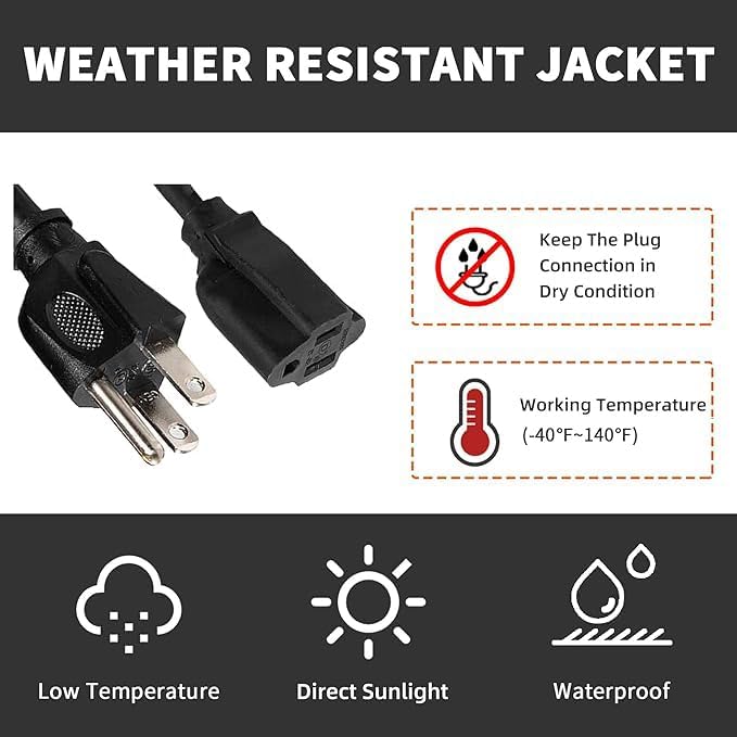 Extension Cord Weatherproof, UL Certified, 10 Gauge 3FT Black 3 Prong Heavy Duty, 10/3 SJTW 15A Power Cord for Lights, Appliances, Lawn