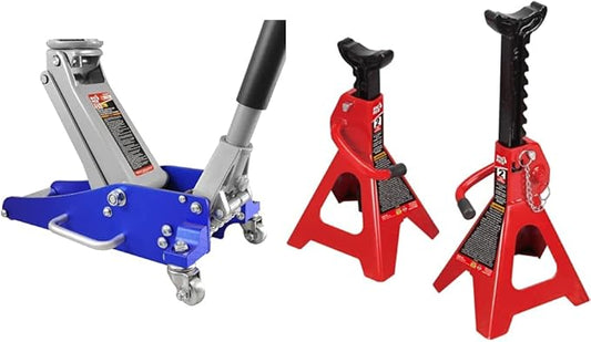 BIG RED T815016L Torin Hydraulic Low Profile Aluminum and Steel Racing Floor Jack, 1.5 Ton (3,000 lb) Capacity, Blue & T42002A Torin Steel Jack Stands: Double Locking, 2 Ton (4,000 lb) Capacity, Red