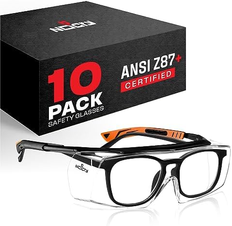 NoCry Safety Glasses Over Eyeglasses for Men and Women with Anti Scratch Lenses and Integrated Side Shields — Adjustable Temples with Anti-Slip Tips — 100% UV Protective Eyewear — ANSI Z87 (10-pack)