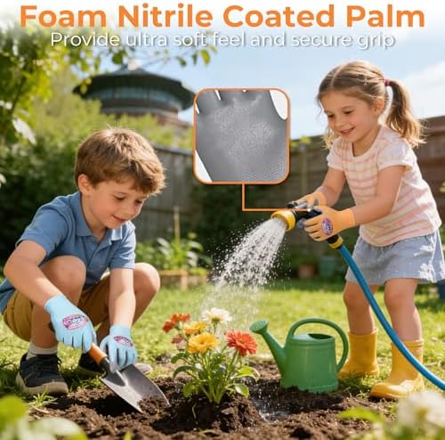 HANDLANDY 2 Pairs Kids Gardening Gloves, Grippy Kids Work Gloves, L