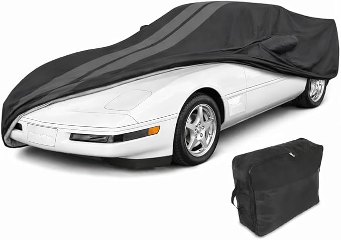 SR1 Performance USA C4 Corvette Car Cover - Custom Fit Outdoor/Indoor UV & Rain Protection Ultraguard Plus 300 Denier High End for 1984-1996 Z51, GS, ZR1 Convertible, Hardtop (Black with Gray Stripes)