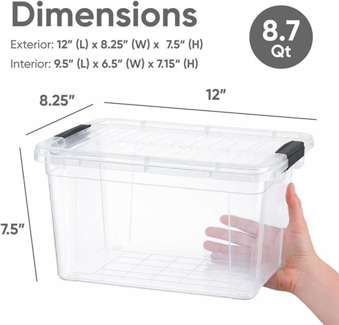 Superio Small Clear Storage Box with Lid, 8.75 Quart Plastic Container Bins for Organizing, Stackable Crates, BPA Free, Non Toxic, Odor Free, Organizers for Home, Office, School, and Dorm