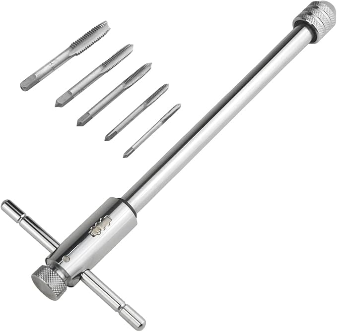 XINGYHENG Adjustable Ratchet Wheel Hand Tap Wrench holder Reversible Bothway T-Handle Manual Tapping Ratcheting Wrench 248mm with 5pcs M3 M4 M5 M6 M8 Machine Screw Thread Metric Plug T-shaped Tap
