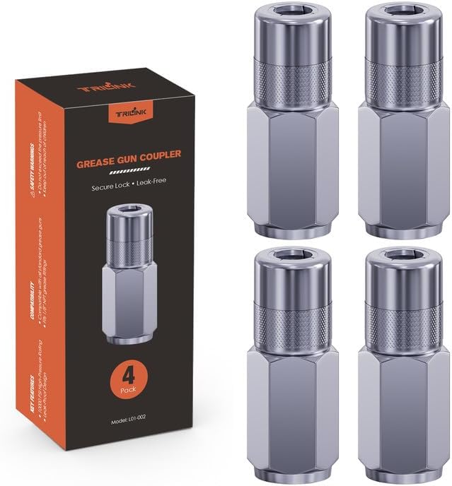 Grease Gun Coupler 4-Pack, 1/8" NPT Standard Grease Gun Tips, 4-Jaw Secure Locking Grease Gun Fittings, Durable Grease Coupler Nozzle, Grease Coupling Ends for Most Grease Guns and Zerk Fittings