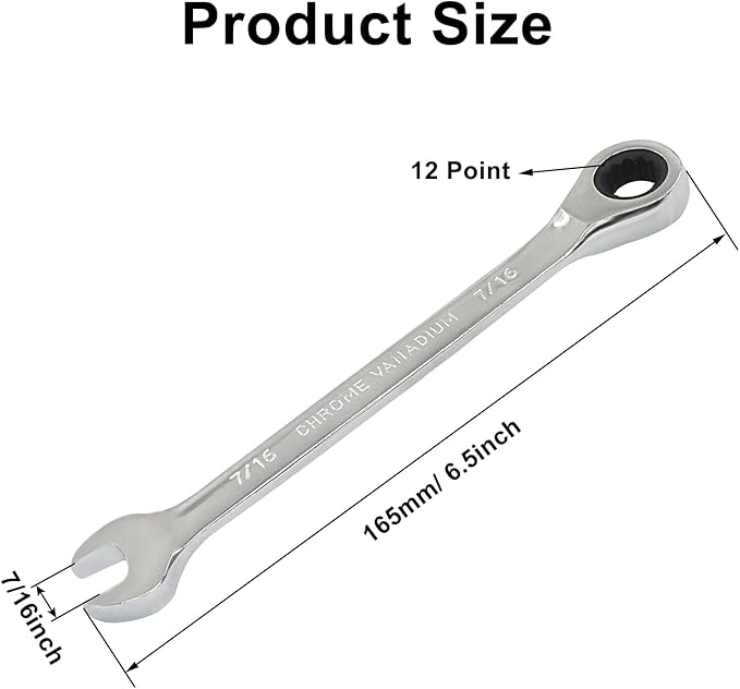 2 Pcs 7/16 Inch Ratchet Wrench Imperial Ratcheting Combination Wrench Set, 12 Point, 72 Teeth for Projects SAE Tight Spaces