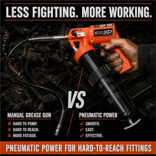 K Tool International XD73901 Pneumatic Grease Gun, Pistol Grip with 30" Flexible Hose and Coupler, Angled Ergonomic Design, Bulk Loader Head with Air Bleeder, 14 oz Cartridge or 500 cc Bulk Fill
