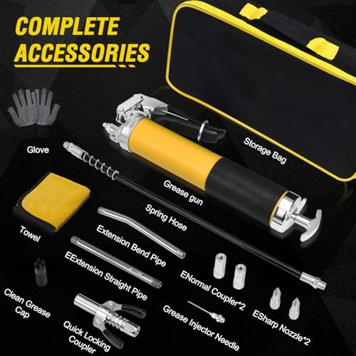 Grease Gun Kit, 7000 PSI Heavy Duty Pistol Grip Grease Gun with 14 oz Capacity, Includes 18 Inch Resin Flex Hose, Double Handle Grease Coupler and Other Accessories, Grease Gun for Automotive, Marine