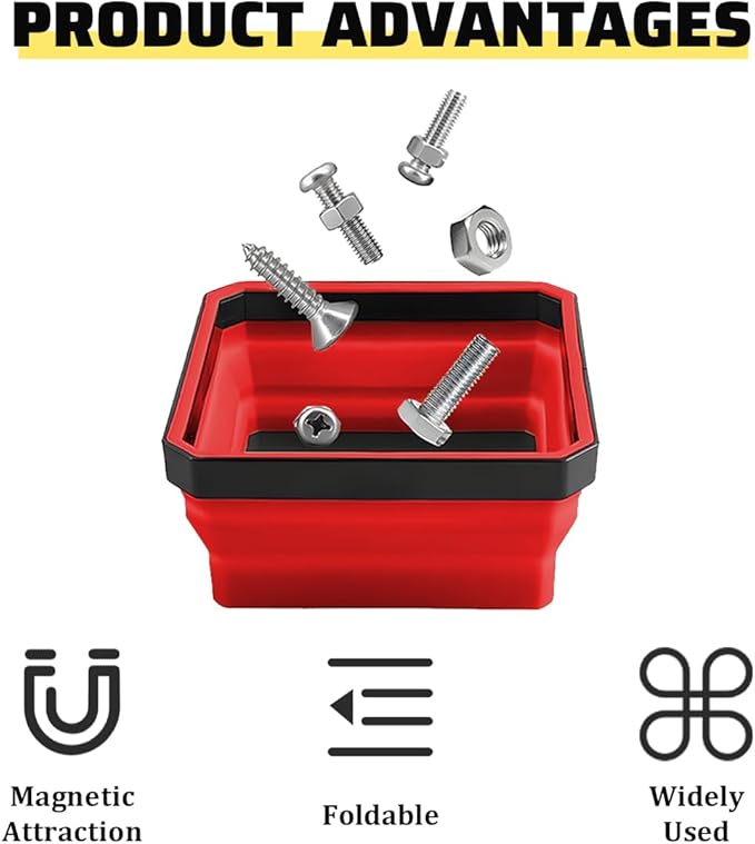 Collapsible Magnetic Car Parts Tray, Foldable Silicone Tool Tray with Magnetic Base, Double-Side Magnet Bowl for Auto Bolts, Screws, Nuts, Small Metal Parts, Universal Fit (Red)