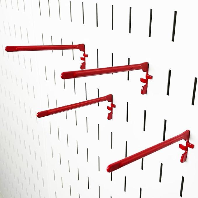 Wall Control Paint Brush Hook and Thread Spool Holder Storage Organizer Pegs Metal Pegboard - (4) Pack of Narrow 3.5-Inch Reach Slotted Peg Hooks for Paint Brushes and Spools (Red)