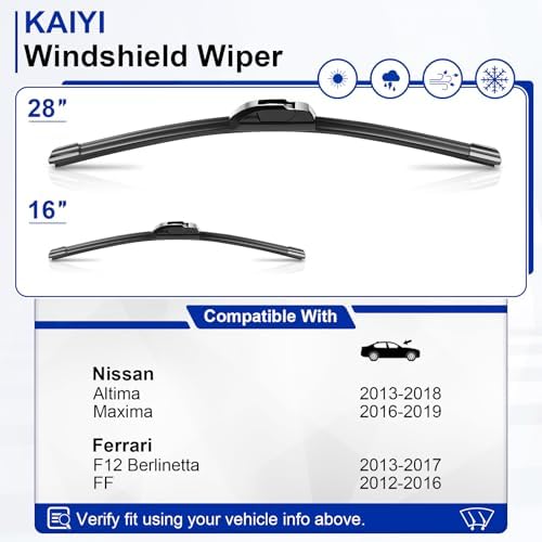 KAIYI 28" + 16" Windshield Wipers Compatible with Nissan Altima 2013-2018,Maxima 2016-2019,Ferrari F12 Berlinetta 2013-2017,FF 2012-2016 Premium Automotive Replacement Windshield Wiper Blades 2 Pack