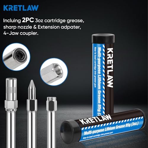 KRETLAW Mini Grease Gun (3000PSI) with Double 3oz Cartridge Grease and 12'' Flex Hose, Reinforced Coupler for Automotive,Marine