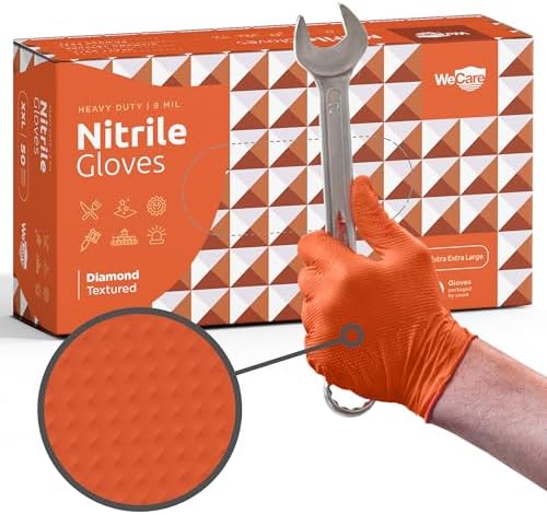WECARE 8 Mil Nitrile Gloves - Heavy Duty Mechanic Gloves, with Diamond Grip - Powder and Latex Free Disposable Gloves