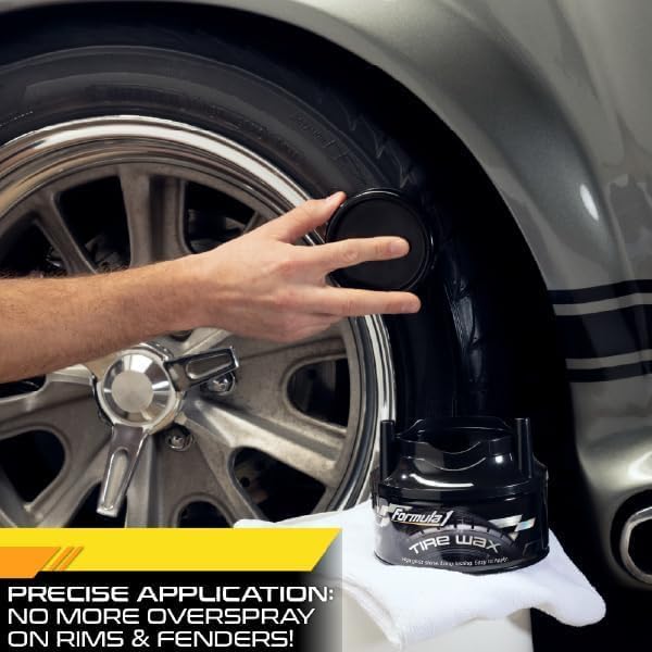 Formula 1 Tire Wax - Long Lasting Tire Gel for Black Glossy Tires, Water Resistant, Restores Plastic Trim, Foam Applicator Included, 10oz